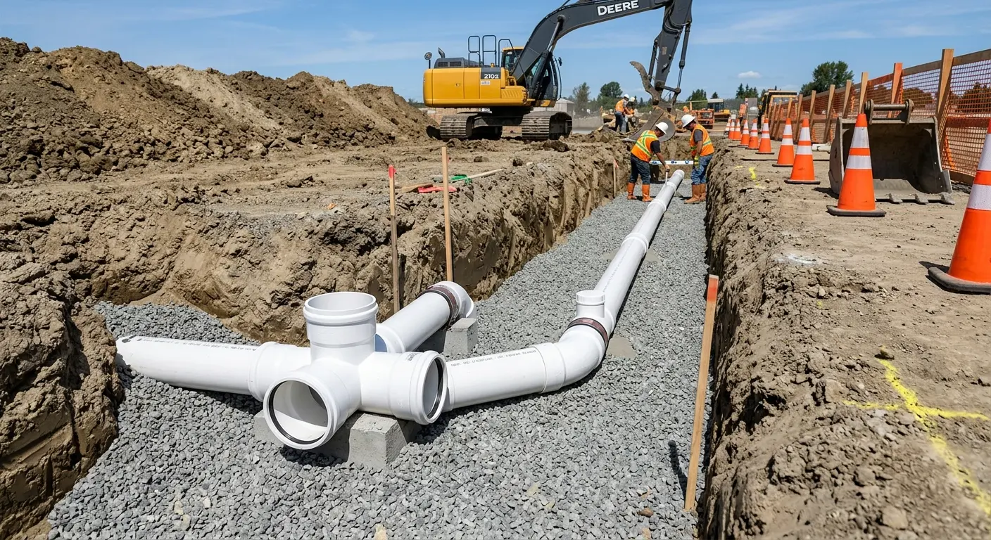 New PVC sewer pipe installation in open trench for Commercial Drain Cleaning in Freetown