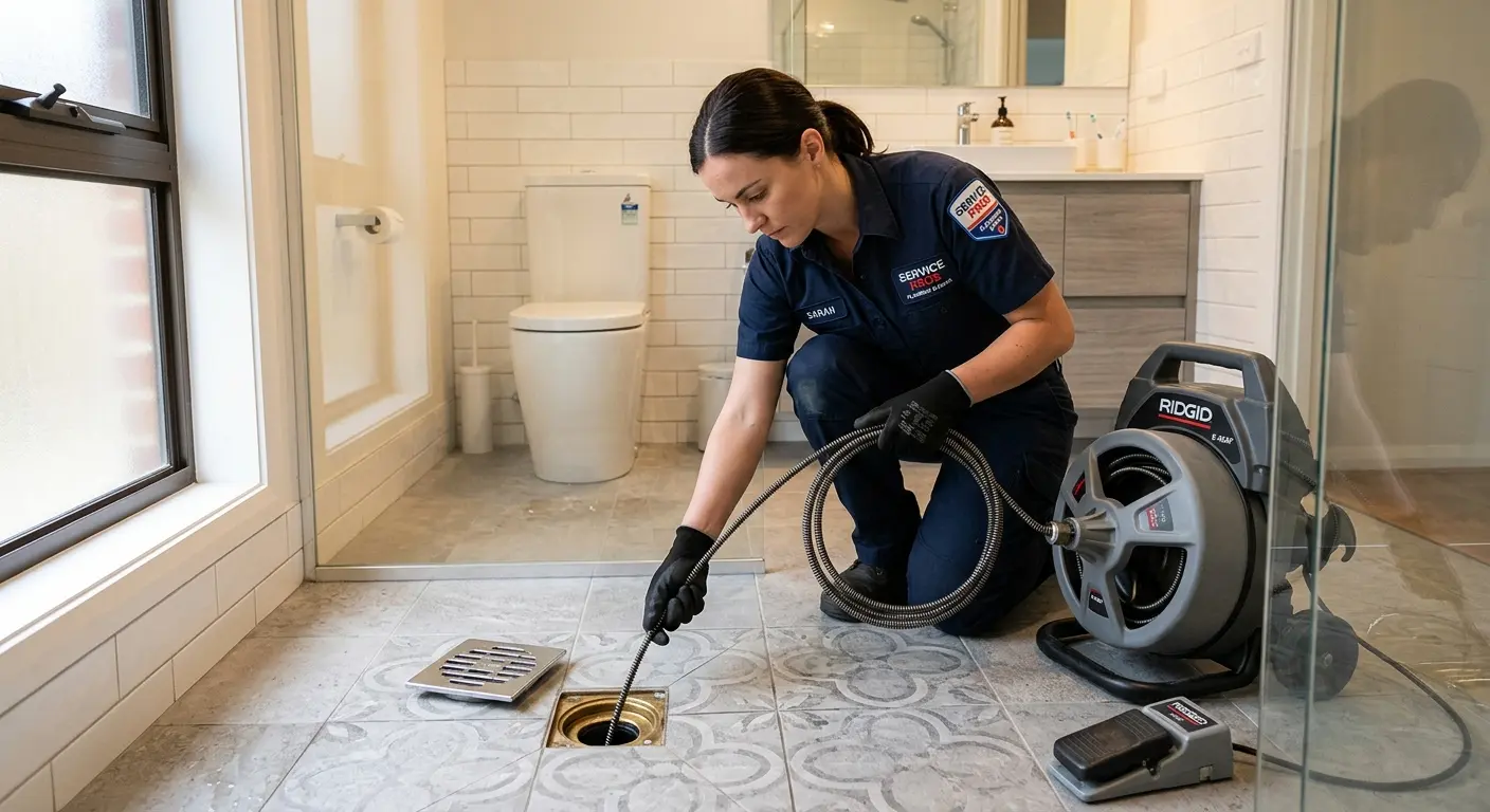 Technician clearing a bathroom floor drain for Drain Cleaning in Freetown